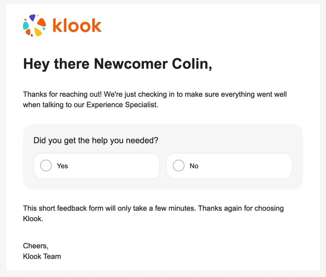 a customer support satisfaction survey from klook